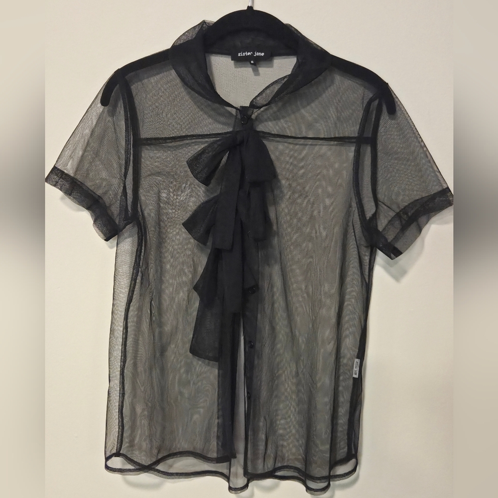 Sister Jane Sheer Black Bow Button Up Blouse Size Small